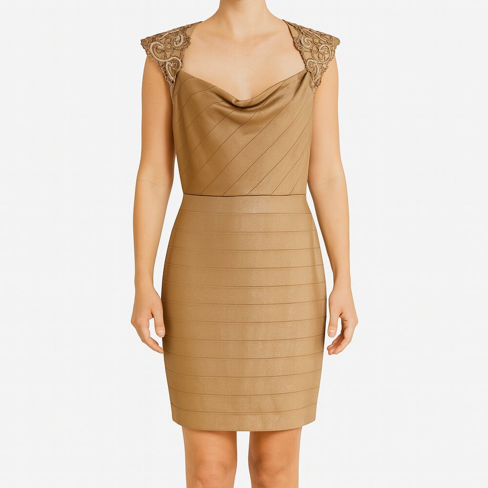 NWOT Kay Unger Metallic Champagne Bandage Dress